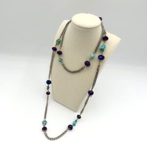Station Bead Necklace 42" Long Silver Tone‎ Chain Turquoise Faceted Blue Beads